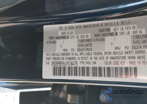 2020 Mazda Mazda3 Premium Package из США, поврежденный, VIN 3MZBPBEMXLM134475